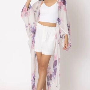 NWT Floral Long Kimono Robe - White with Pink & Purple Floral